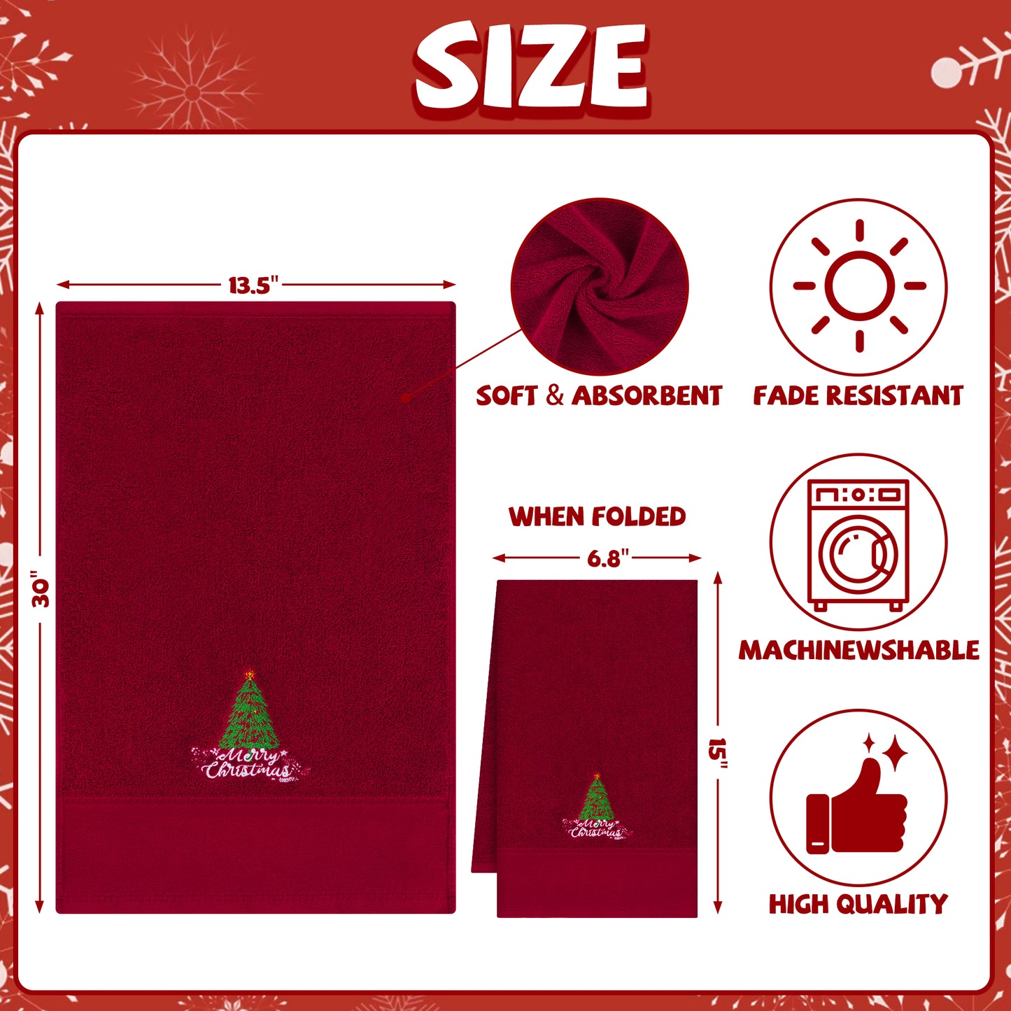 Ikfashoni 2 Pack Christmas Hand Towel for Bathroom,Embroidered Christmas Tree Red Scroll Cotton Towels