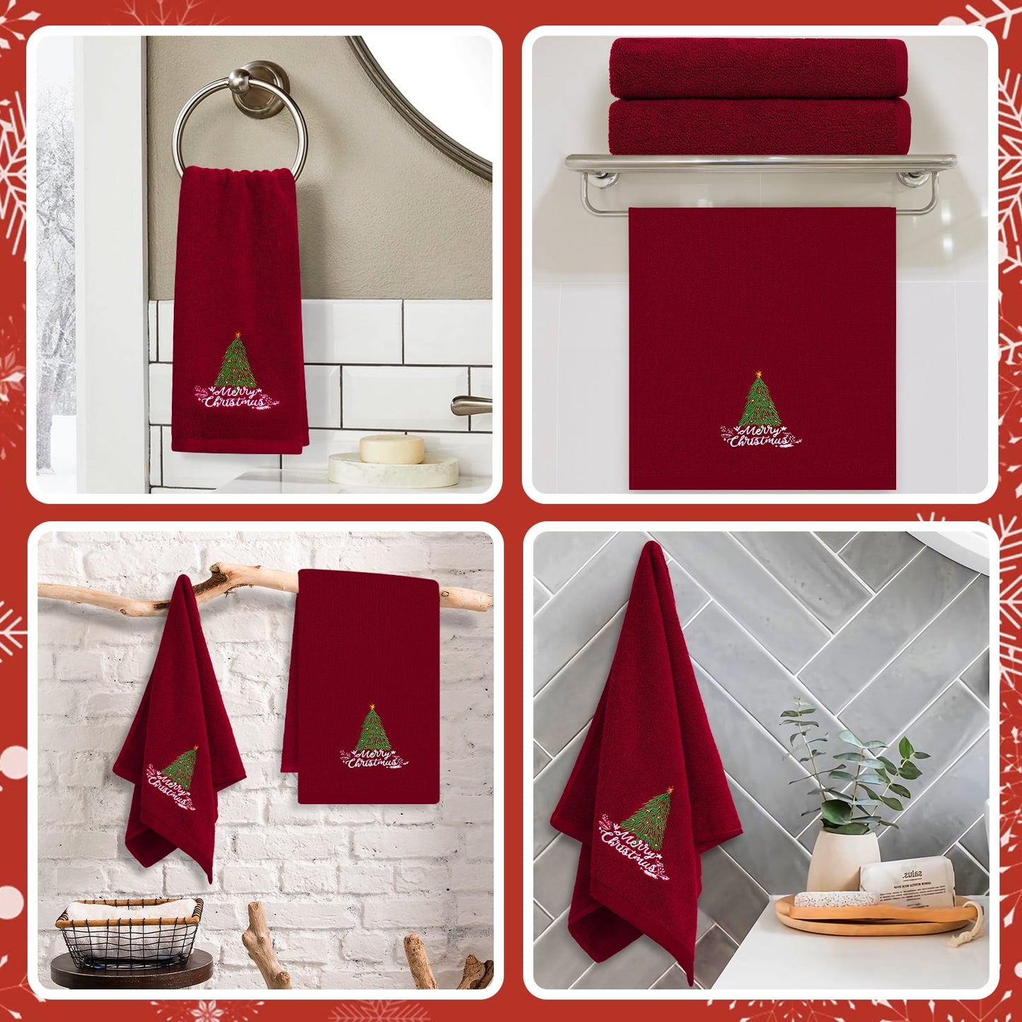 Ikfashoni 2 Pack Christmas Hand Towel for Bathroom,Embroidered Christmas Tree Red Scroll Cotton Towels