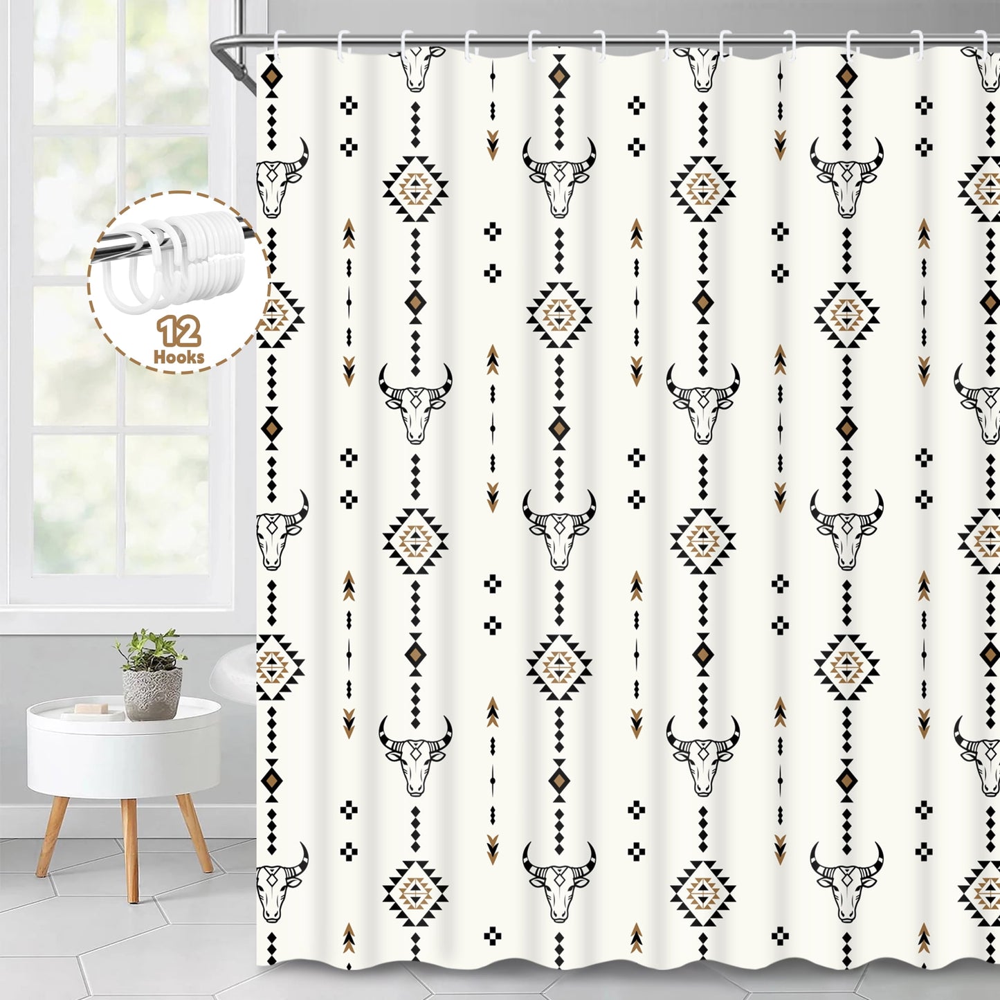 Ikfashoni Western Boho Shower Curtain with Hooks,13pc Waterproof Fabric Bathroom Curtain, 72"X72"