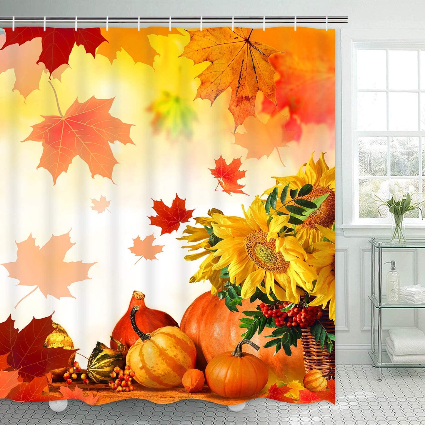 Ikfashoni Fall Shower Curtains, Thanksgiving Sunflower Pumpkin Waterproof Fabric Bathroom Curtains, 70"X69"