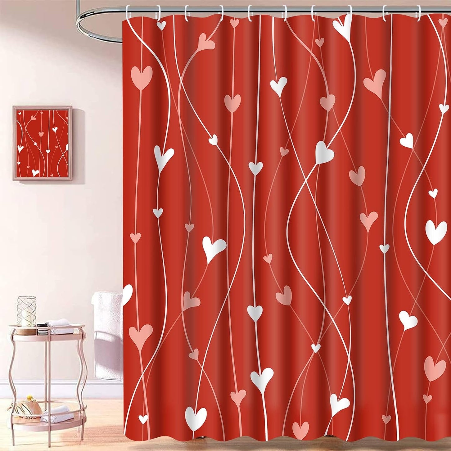 Ikfashoni Valentine's Day Shower Curtain, Red Heart Waterproof Fabric Shower Curtain Sets with Hooks, 70"X69"