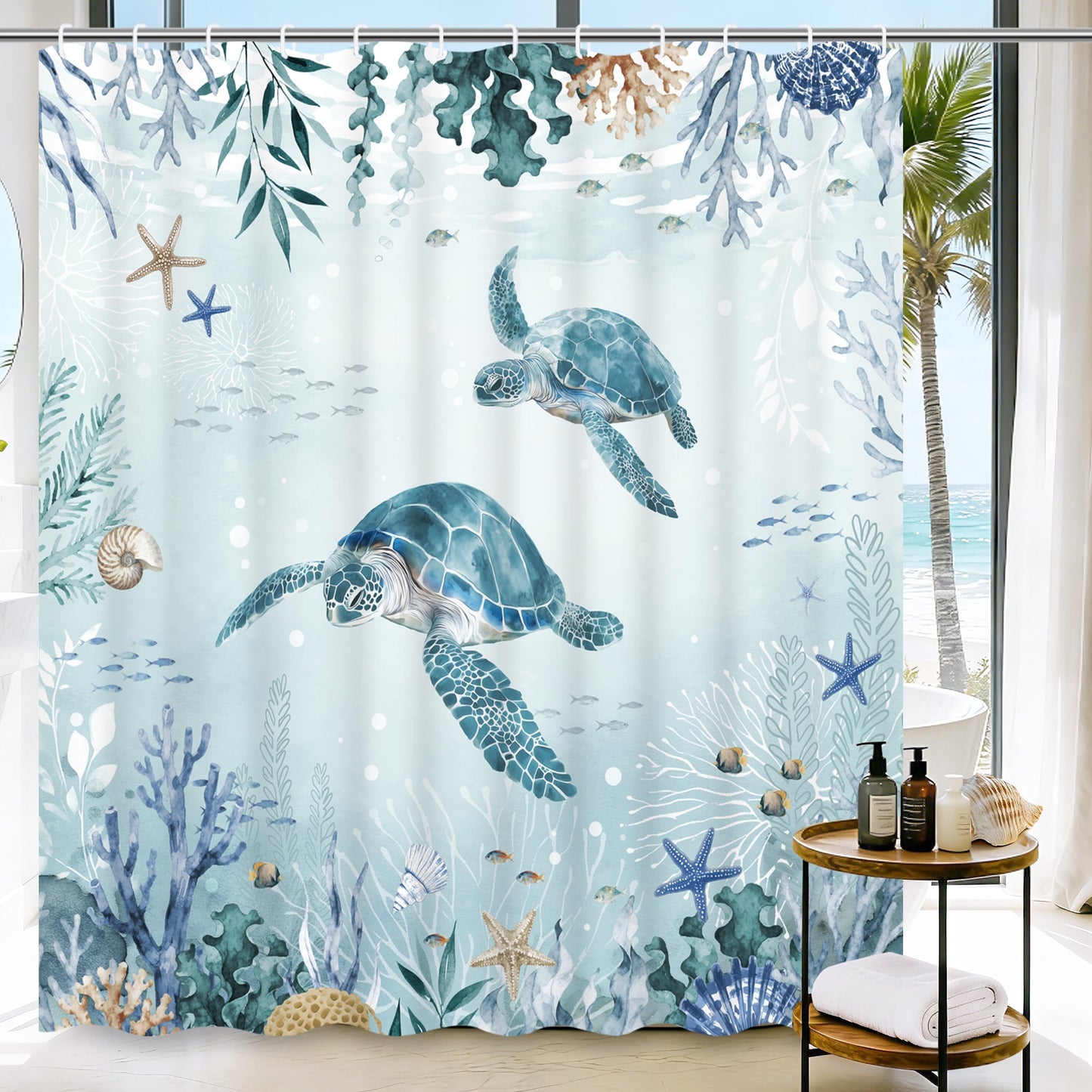 Ikfashoni Ocean Shower Curtain with Hooks,13pc Turtle Waterproof Fabric Bathroom Curtain, 72"X72"