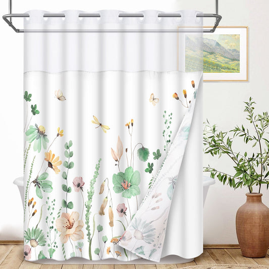 Ikfashoni Hookless Shower Curtain with Snap in Liner, Green Floral Waterproof Fabric No Hook Bathroom Curtain, 71"X74"