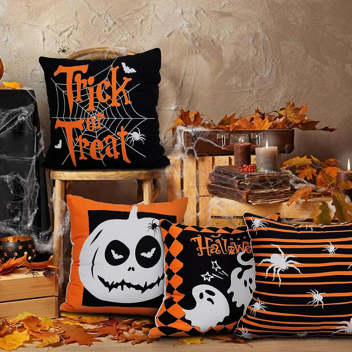 BLEUM CADE Halloween Decorations for Home Throw Pillow Covers 18 x 18 inch Pumpkin Throw Pillowcases Set of 4,Trick or Treat Halloween pillows