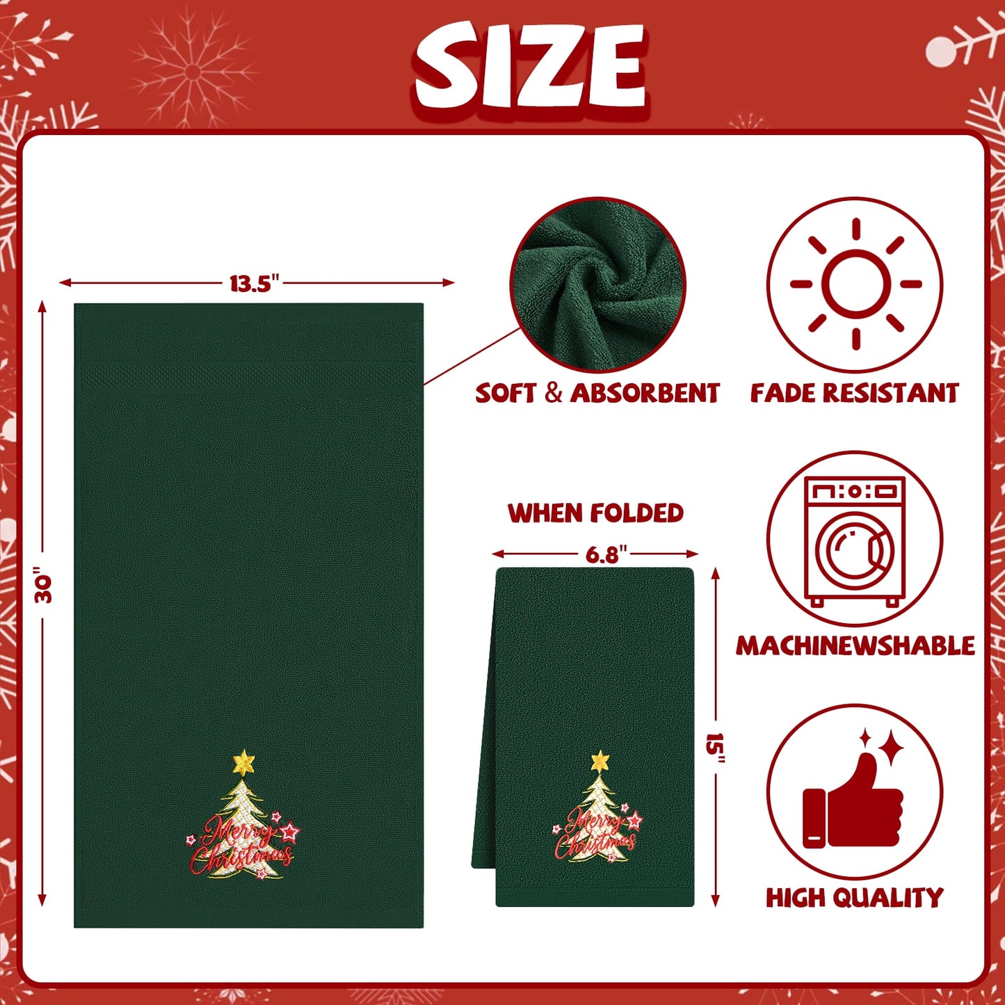 Ikfashoni 2 Pack Green Christmas Hand Towel, Embroidered Christmas Tree Red Scroll Cotton Towels