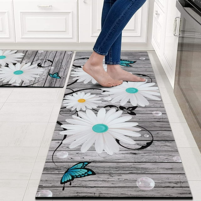 Waipfaru White Daisy Kitchen Rugs Set of Waipfaru 2 Floral Runner Kitchen Rugs and Mats Anti Fatigue Kitchen Floor Mat, 17" x 48" + 17" x 30"