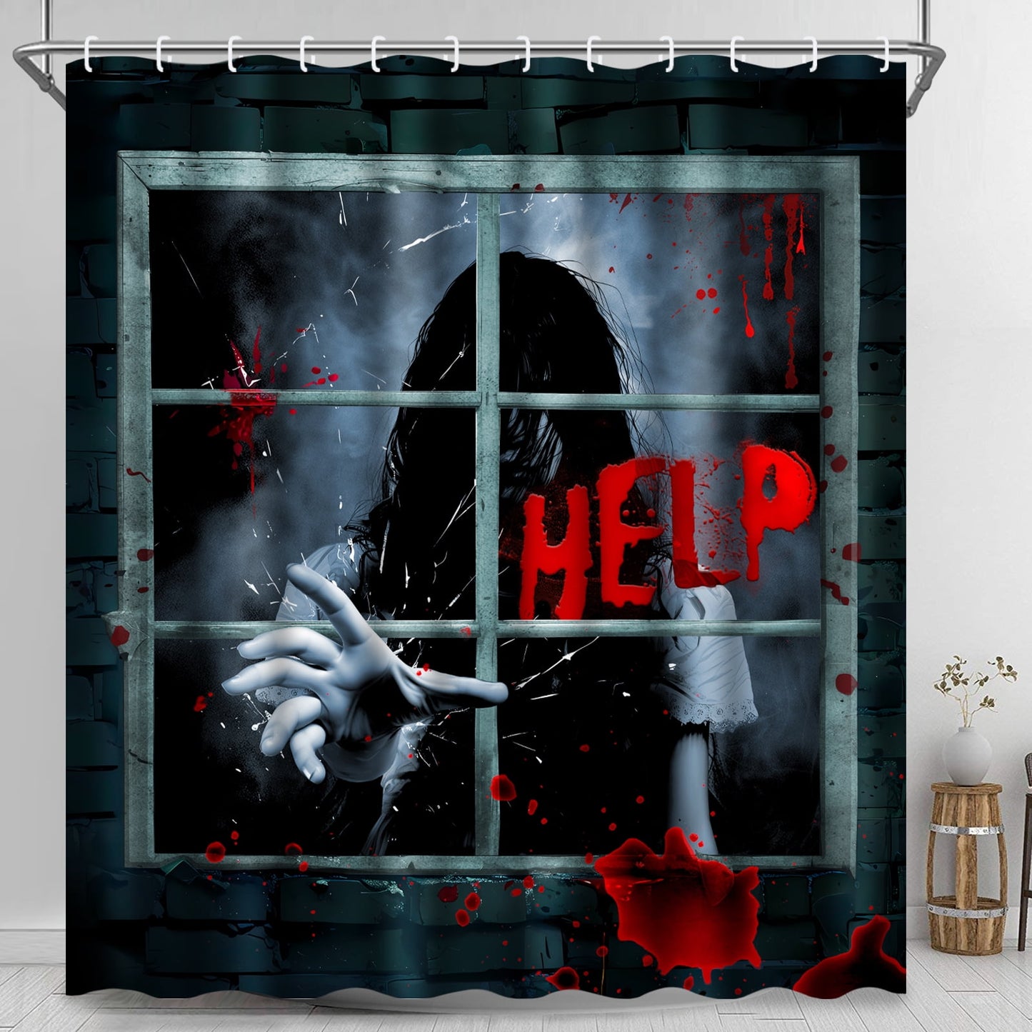 Ikfashoni Black Halloween Shower Curtain,Terror Window Girl Waterproof Fabric Bathroom Decor, 69"X70"