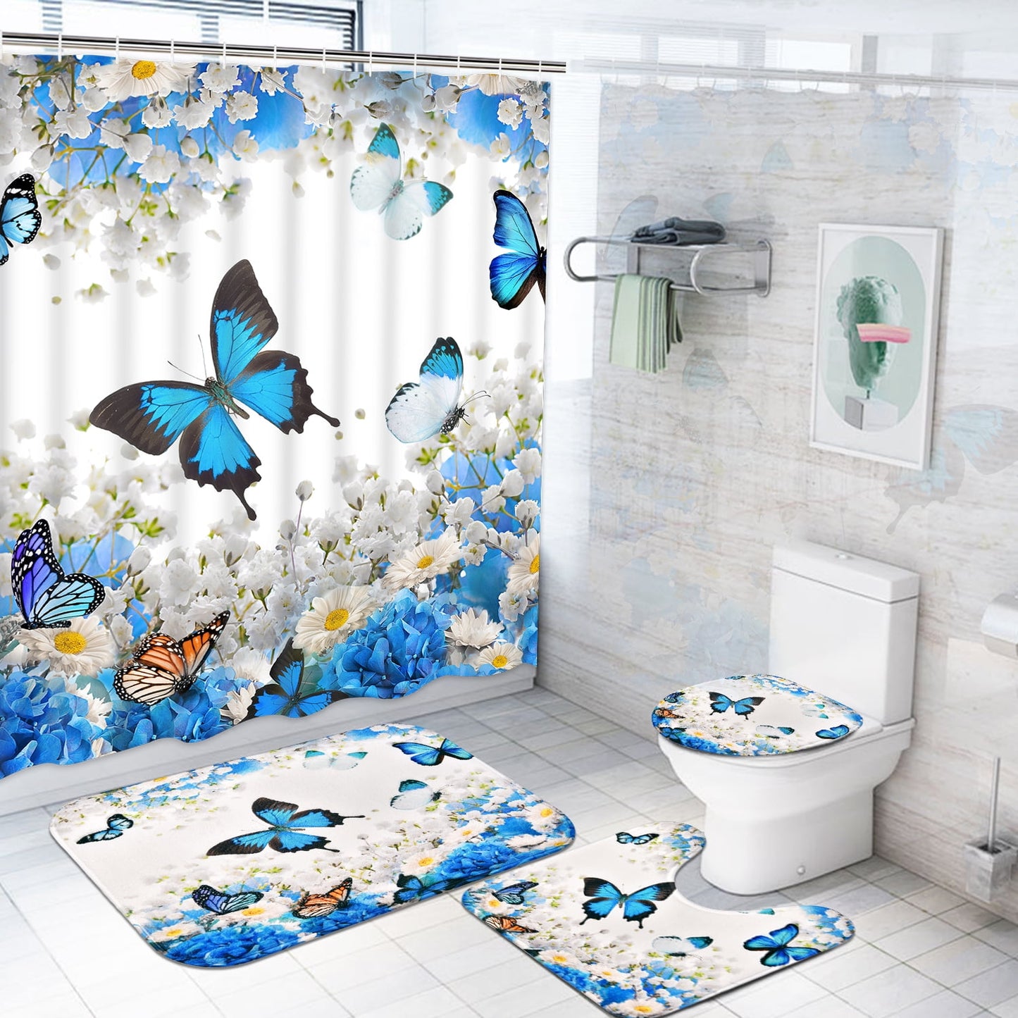 Ikfashoni Butterfly Shower Curtain Set, Blue Floral Bathroom Set with Bath Rug