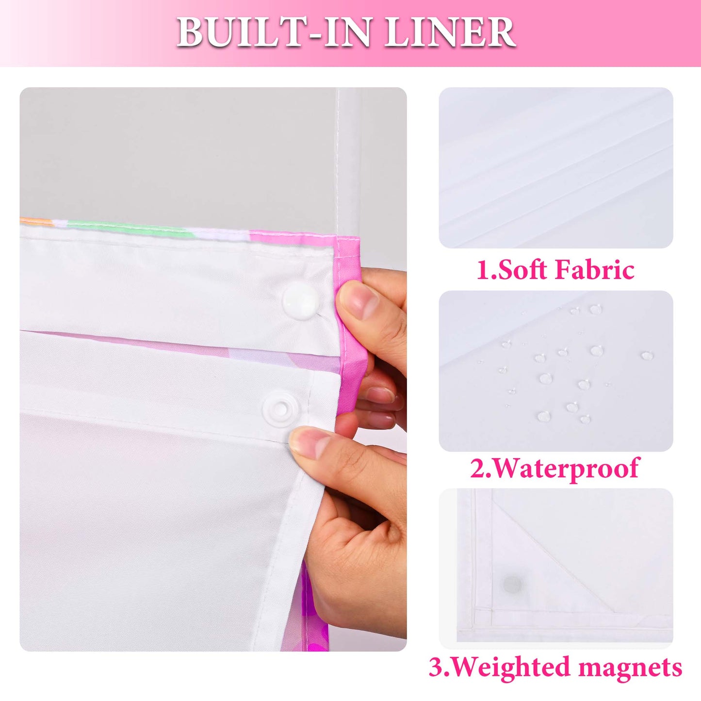 Ikfashoni Hookless Shower Curtain with Snap in Liner, Pink No Hook Waterproof Fabric Sheer Window Bath Curtain, 71"X74"