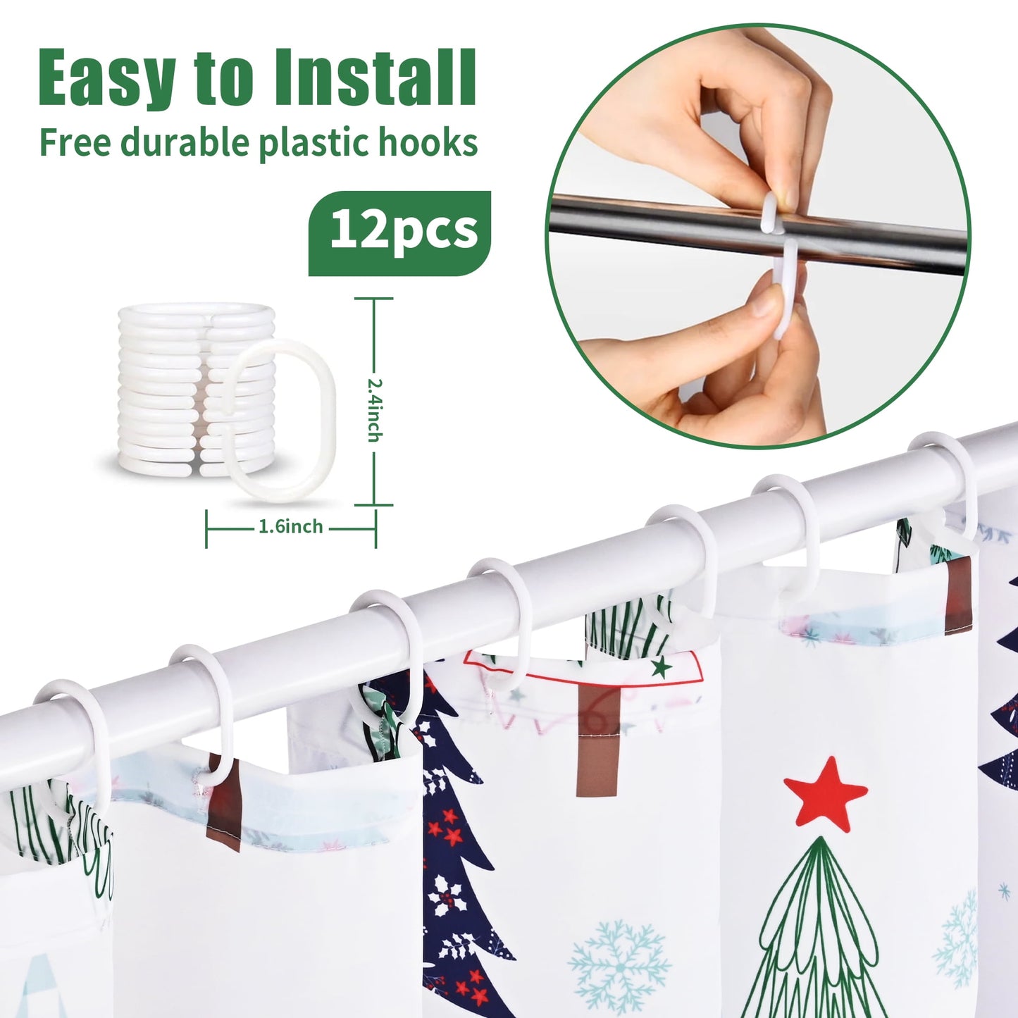 Ikfashoni Christmas Tree Shower Curtain with Hooks, Green Waterproof Bathroom Curtains, 72"X72"