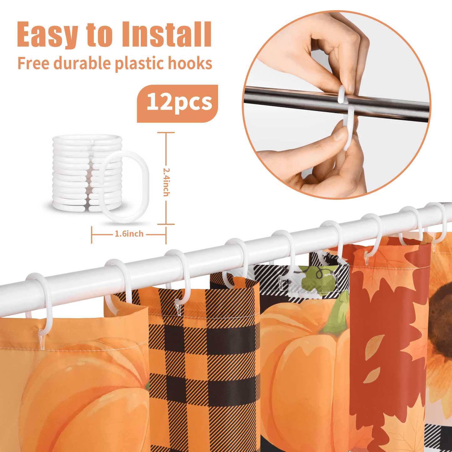 Ikfashoni Fall Shower Curtain with Hooks, Buffalo Plaid Pumpkin Waterproof Bathroom Curtains, 72"X72"