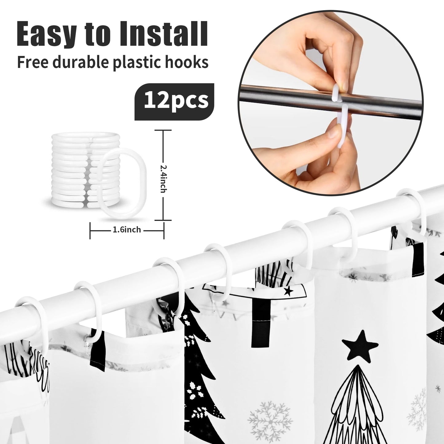 Ikfashoni Christmas Tree Shower Curtain with Hooks, Gray Waterproof Bathroom Curtains, 72"X72"