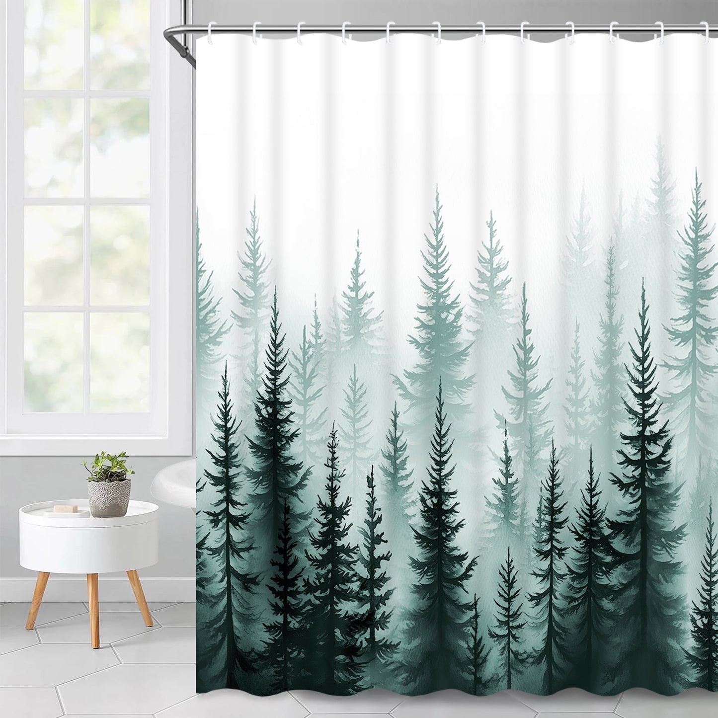 Ikfashoni Green Forests Shower Curtain with Hooks, 13pc Waterproof Fabric Bath Curtain, 72"X72"