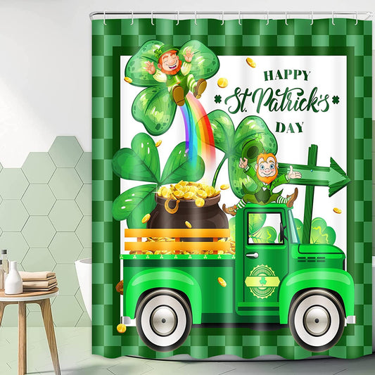 Ikfashoni Spring Green Shower Curtain, Shamrock Truck Waterproof Bath Curtain with Hooks, 70"X69"