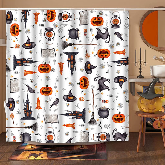 Ikfashoni Halloween Pumpkin Shower Curtain, Witch Black Cat Spider Web Waterproof Fabric Bath Curtains, 70"X69"