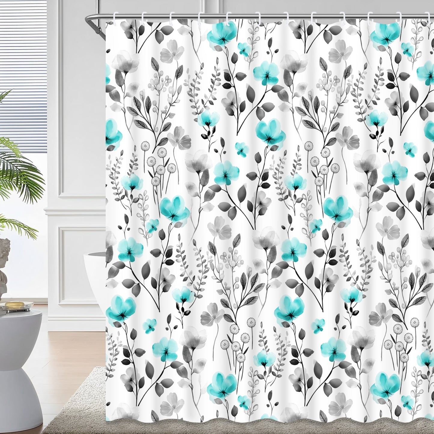 Ikfashoni Teal Flower Shower Curtain with Hooks,13pc Gray Waterproof Fabric Bathroom Curtain, 72"X72"
