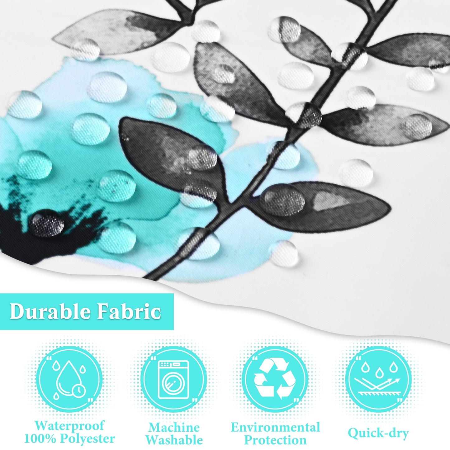 Ikfashoni Teal Flower Shower Curtain with Hooks,13pc Gray Waterproof Fabric Bathroom Curtain, 72"X72"