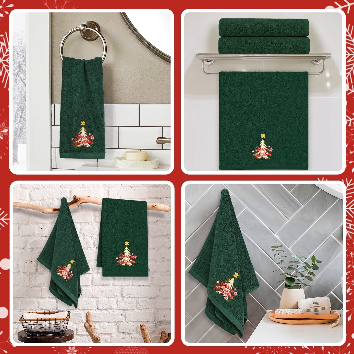 Ikfashoni 2 Pack Green Christmas Hand Towel, Embroidered Christmas Tree Red Scroll Cotton Towels