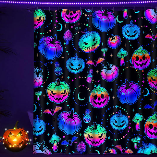 Ikfashoni Blacklight Pumpkin Halloween Shower Curtain with Hooks, Waterproof Fabric Bathroom Decor, 69"X70"