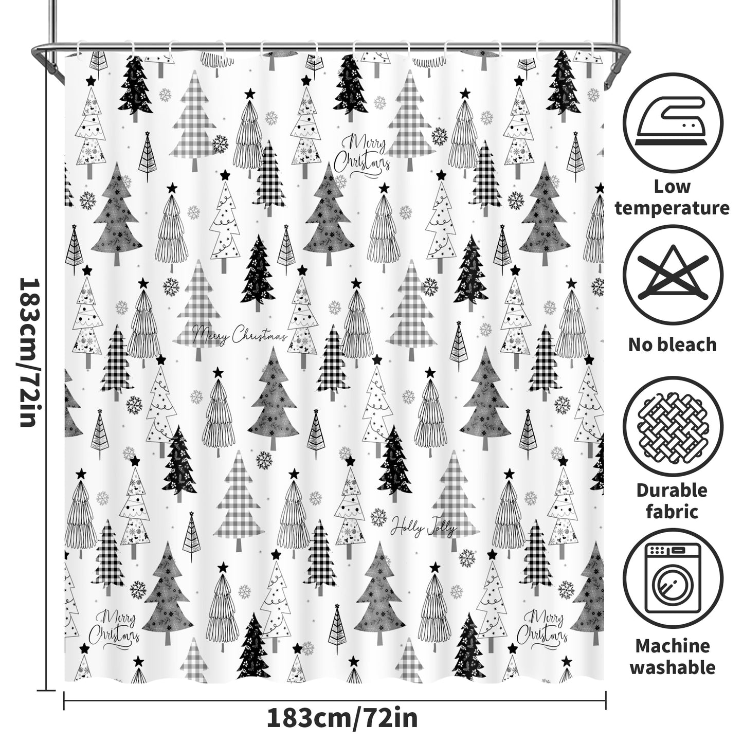 Ikfashoni Christmas Tree Shower Curtain with Hooks, Gray Waterproof Bathroom Curtains, 72"X72"