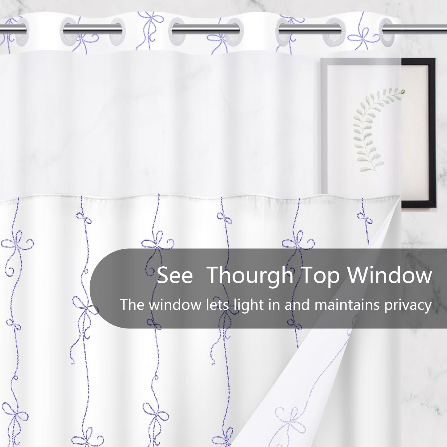 Ikfashoni No Hook Shower Curtain with Snap in Liner, Purple Bow Hookless Waterproof Bath Curtain, 71"X74"