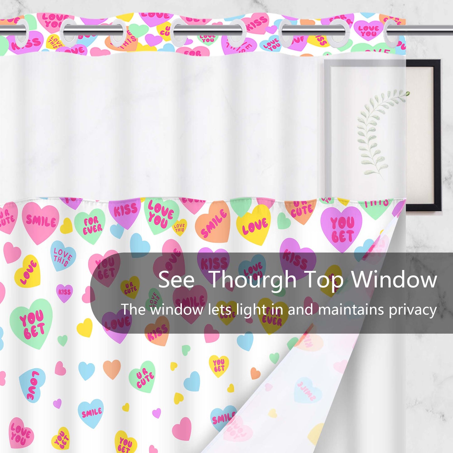 Ikfashoni Hookless Shower Curtain with Snap in Liner, Pink No Hook Waterproof Fabric Sheer Window Bath Curtain, 71"X74"