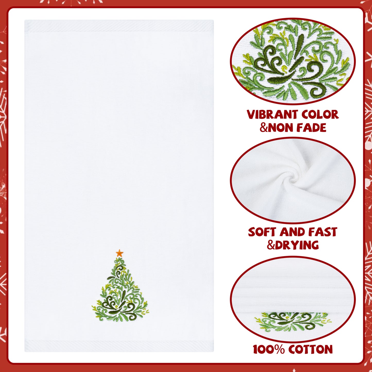 Ikfashoni 2 Pack Christmas Hand Towel for Bathroom,Embroidered Christmas Tree Red Scroll Cotton Towels