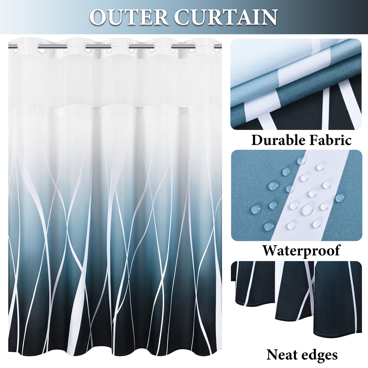 Ikfashoni No Hook Shower Curtain with Snap in Liner, Navy Strip Ombre Hookless Waterproof Bath Curtain, 71"X74"