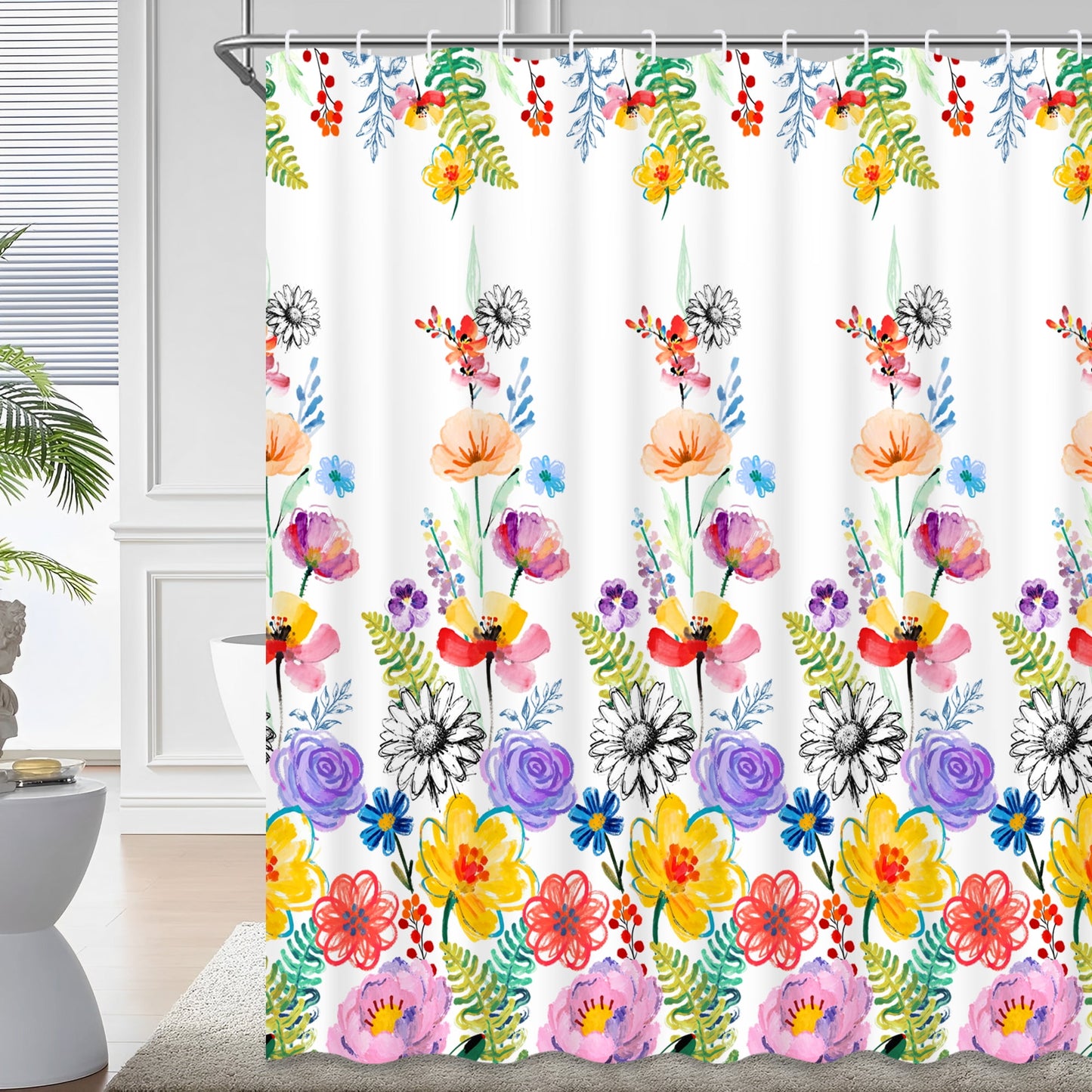 Ikfashoni Colorful flower Shower Curtain with Hooks,13pc Spring Waterproof Fabric Bathroom Curtain, 72"X72"