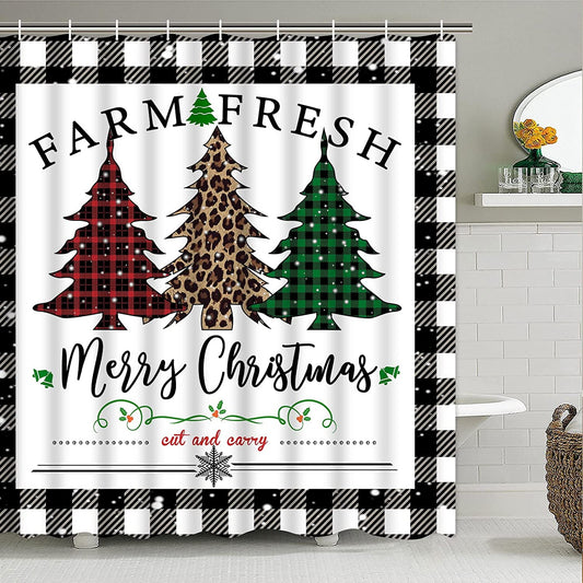 Ikfashoni Christmas Shower Curtain, Buffalo Plaid Christmas Tree Bathroom Curtain with 12 Hooks, 70"X69"