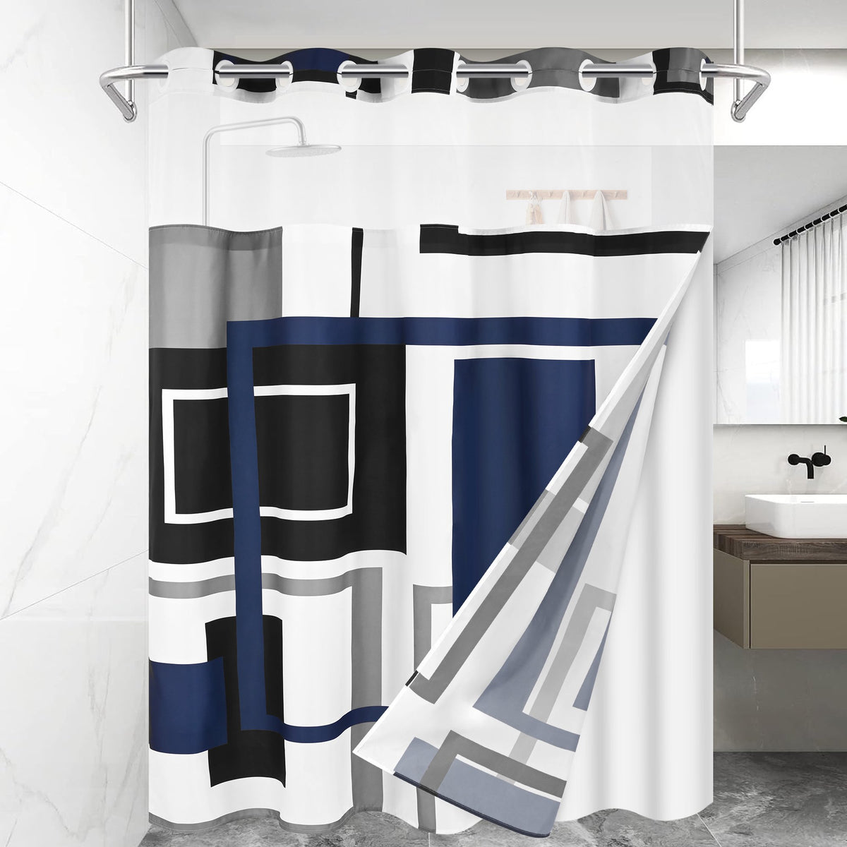 Ikfashoni Hookless Shower Curtain with Snap in Liner, Blue Geometric No Hook Waterproof Bath Curtain, 71"X74"