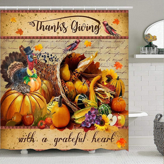 Ikfashoni Thanksgiving Shower Curtain, Fall Harvest Turkey Pumpkin Bathroom Curtain, Waterproof Fabric Shower Curtains,70"X69"