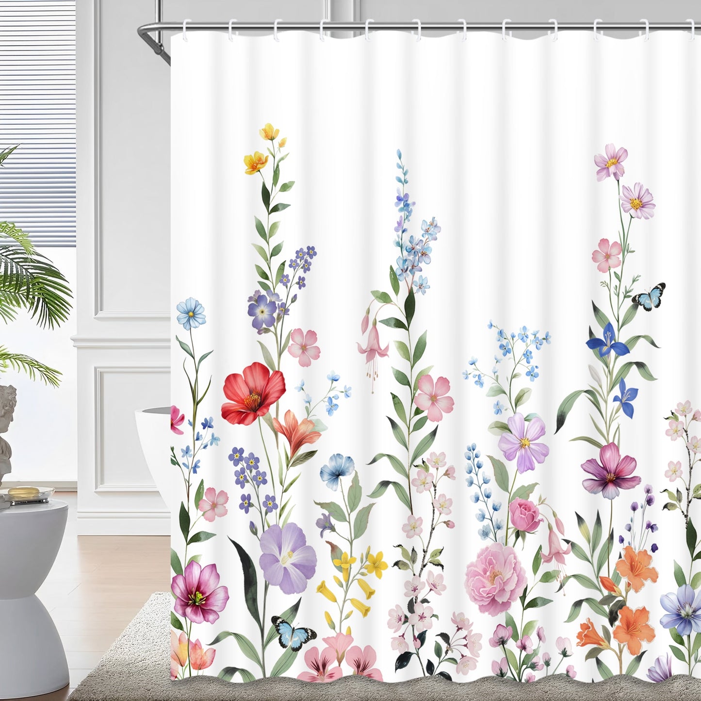 Ikfashoni Colorful Flowers Shower Curtain with Hooks,13pc Waterproof Fabric Bathroom Curtain, 72"X72"