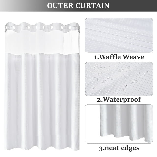 Ikfashoni White Hookless Fabric Shower Curtain with Snap in Liner,Waffle Weave Waterproof Mesh Window Bathroom Curtain,72"X72"