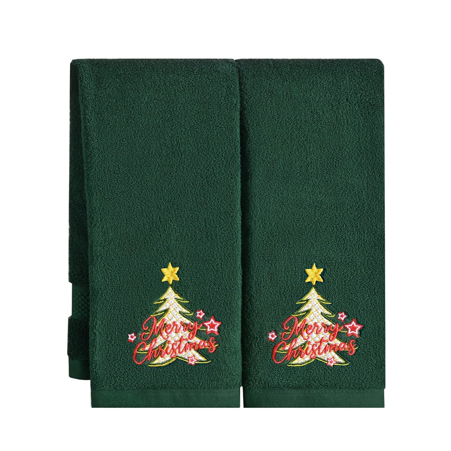 Ikfashoni 2 Pack Green Christmas Hand Towel, Embroidered Christmas Tree Red Scroll Cotton Towels