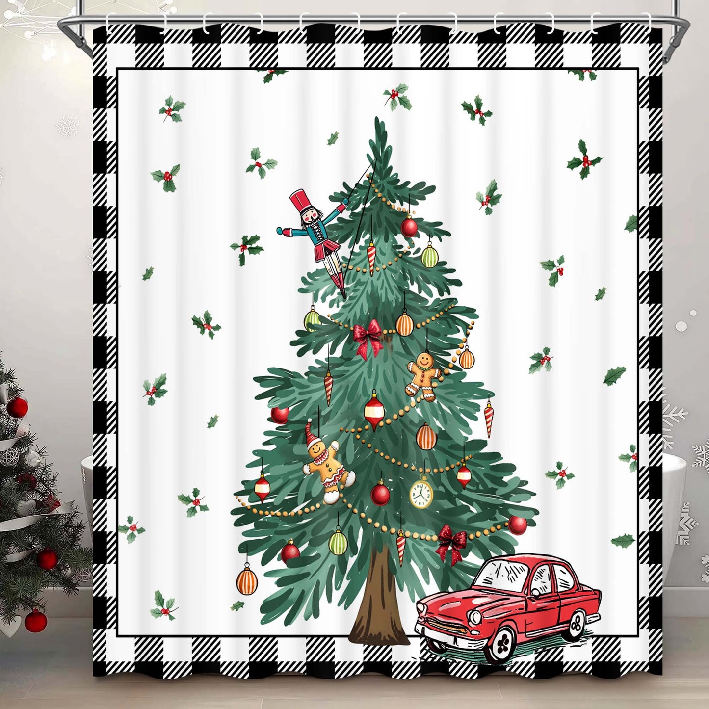 Ikfashoni Christmas Tree Shower Curtain with Hooks, Black and White Grid Waterproof Fbric Bathroom Curtains, 72"X72"