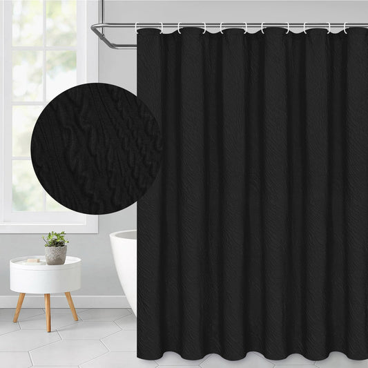 Ikfashoni Black Fabric Shower Curtain, Pleated Marble Textured Shower Curtains with Hooks, 71"X71"