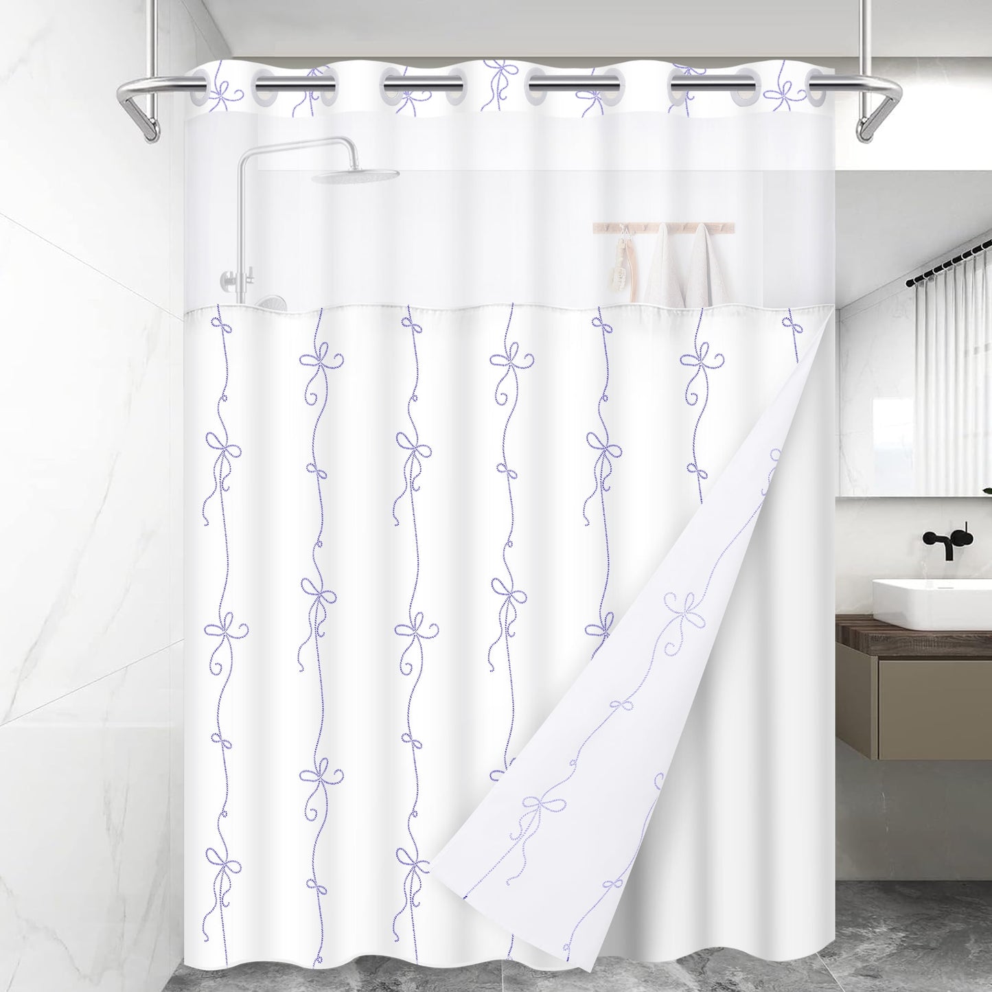 Ikfashoni No Hook Shower Curtain with Snap in Liner, Purple Bow Hookless Waterproof Bath Curtain, 71"X74"