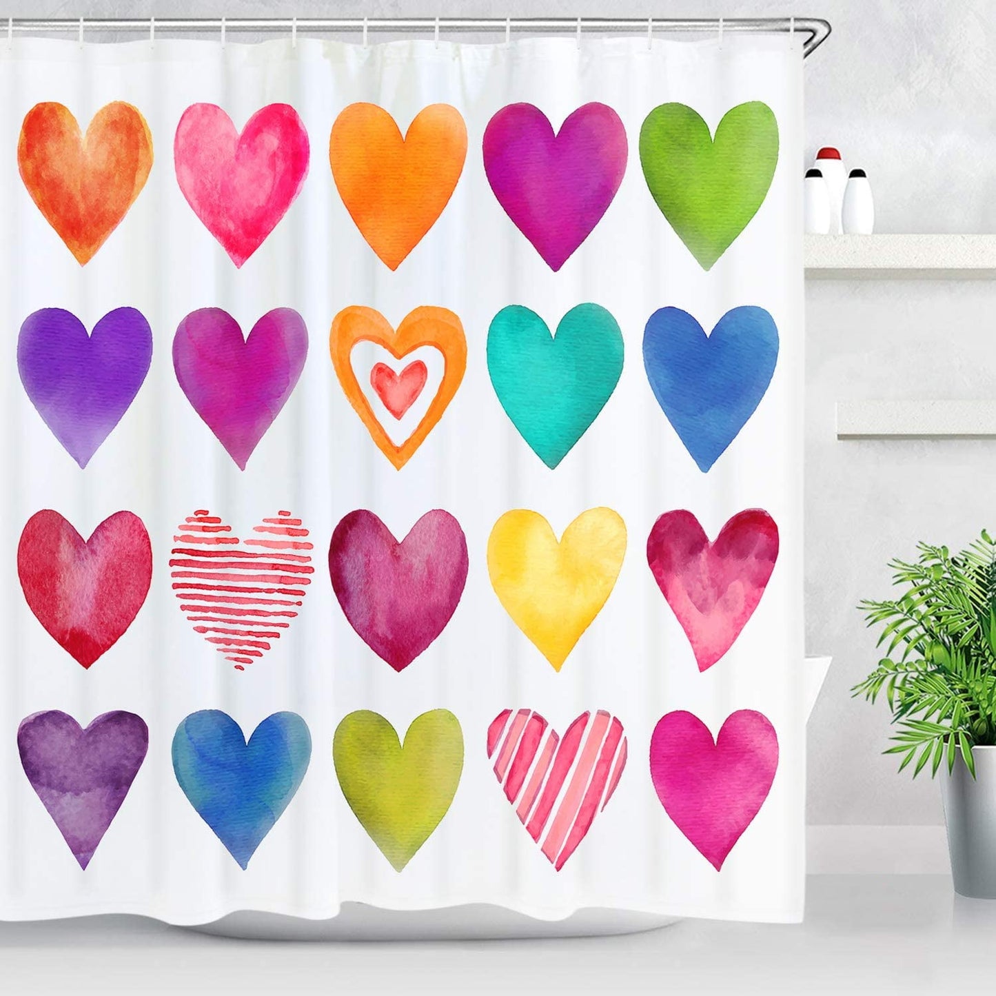 Ikfashoni Valentine's Day Shower Curtain, Colorful Heart Waterproof Fabric Shower Curtain Sets with Hooks, 70"X69"