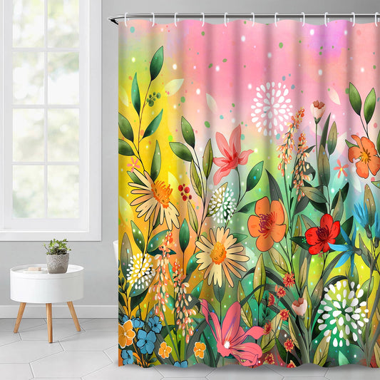 Ikfashoni Boho Flower Shower Curtain, 13pc Pink Yellow Tropical Floral Fabric Bathroom Curtains, 70"X69"