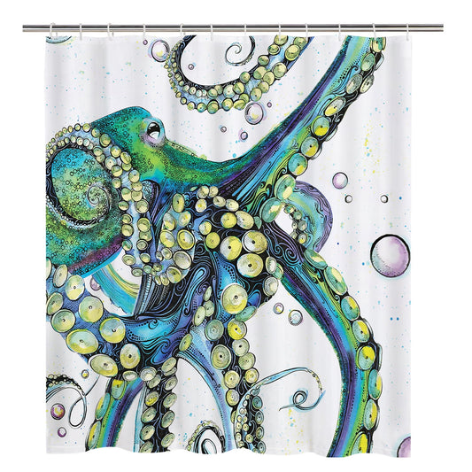 Ikfashoni Green Teal Octopus Shower Curtain with Hooks, Waterproof Ocean Beach Bathroom Curtains, 70"X69"