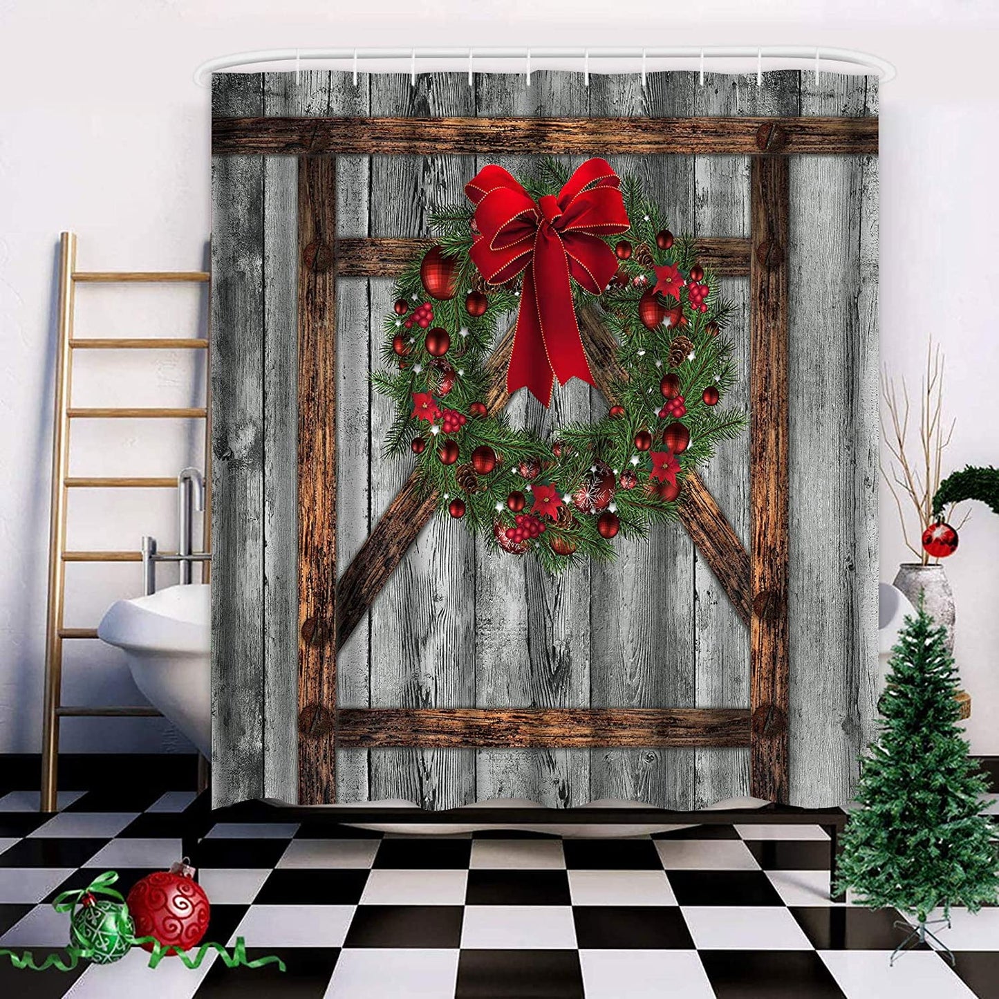 Ikfashoni Christmas Wreath Shower Curtain, Waterproof Fabric Xmas Gray Rustic Holiday Shower Curtain, 70"X69"