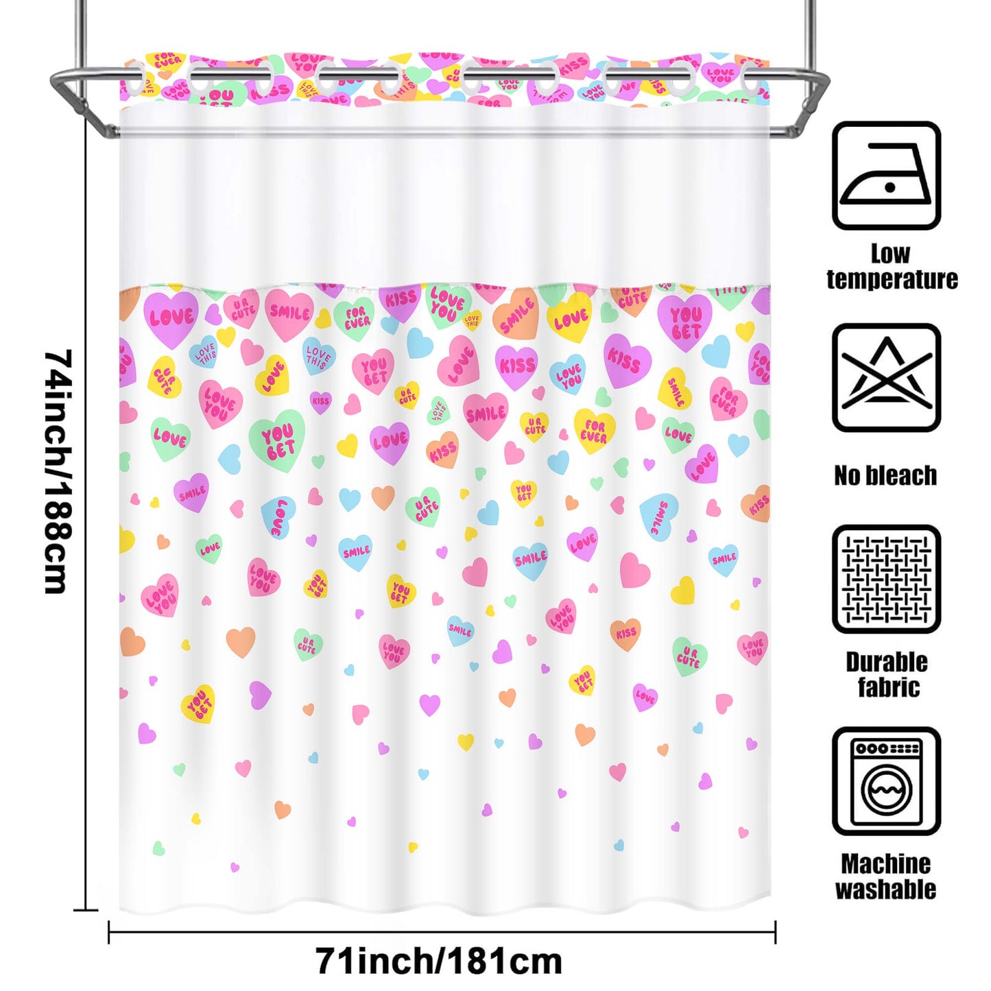 Ikfashoni Hookless Shower Curtain with Snap in Liner, Pink No Hook Waterproof Fabric Sheer Window Bath Curtain, 71"X74"