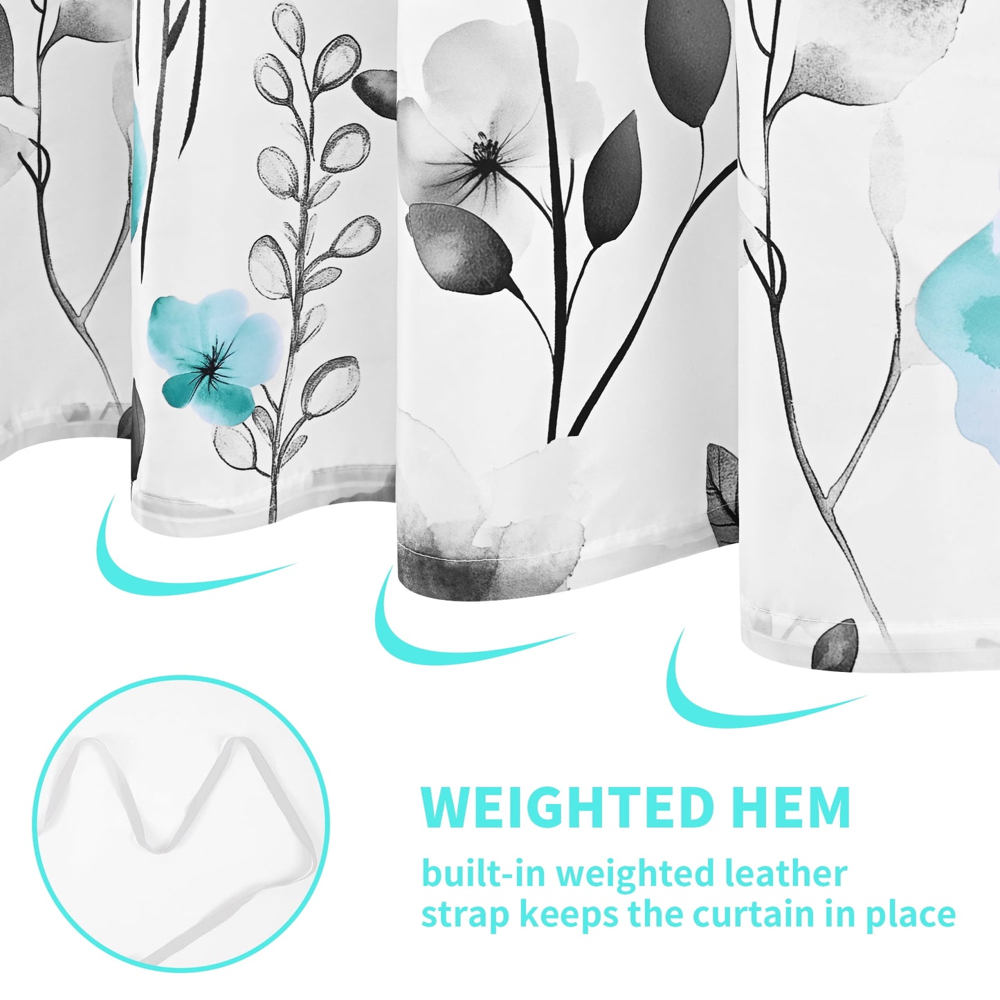 Ikfashoni Teal Flower Shower Curtain with Hooks,13pc Gray Waterproof Fabric Bathroom Curtain, 72"X72"