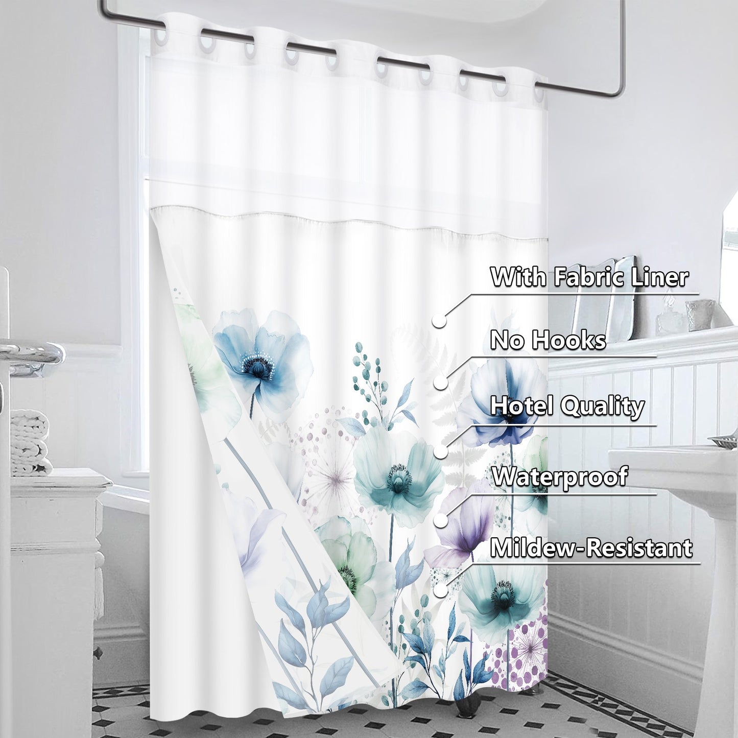 Ikfashoni Hookless Shower Curtain with Snap in Liner, Watercolor Flowers No Hook Waterproof Bath Curtain, 71"X74"