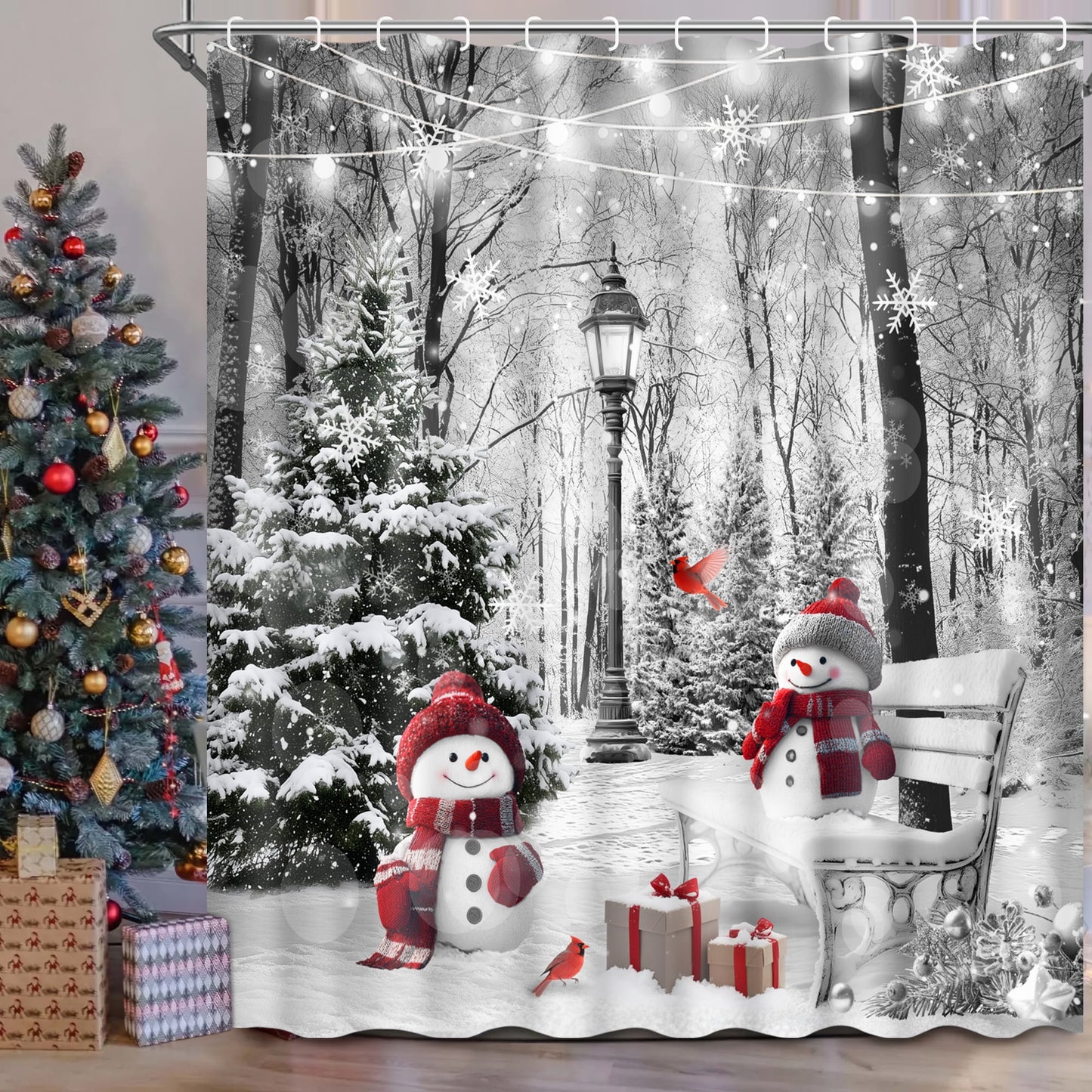 Ikfashoni Christmas Shower Curtain with Hooks, Winter Snowman Waterproof Bathroom Curtains, 72"X72"