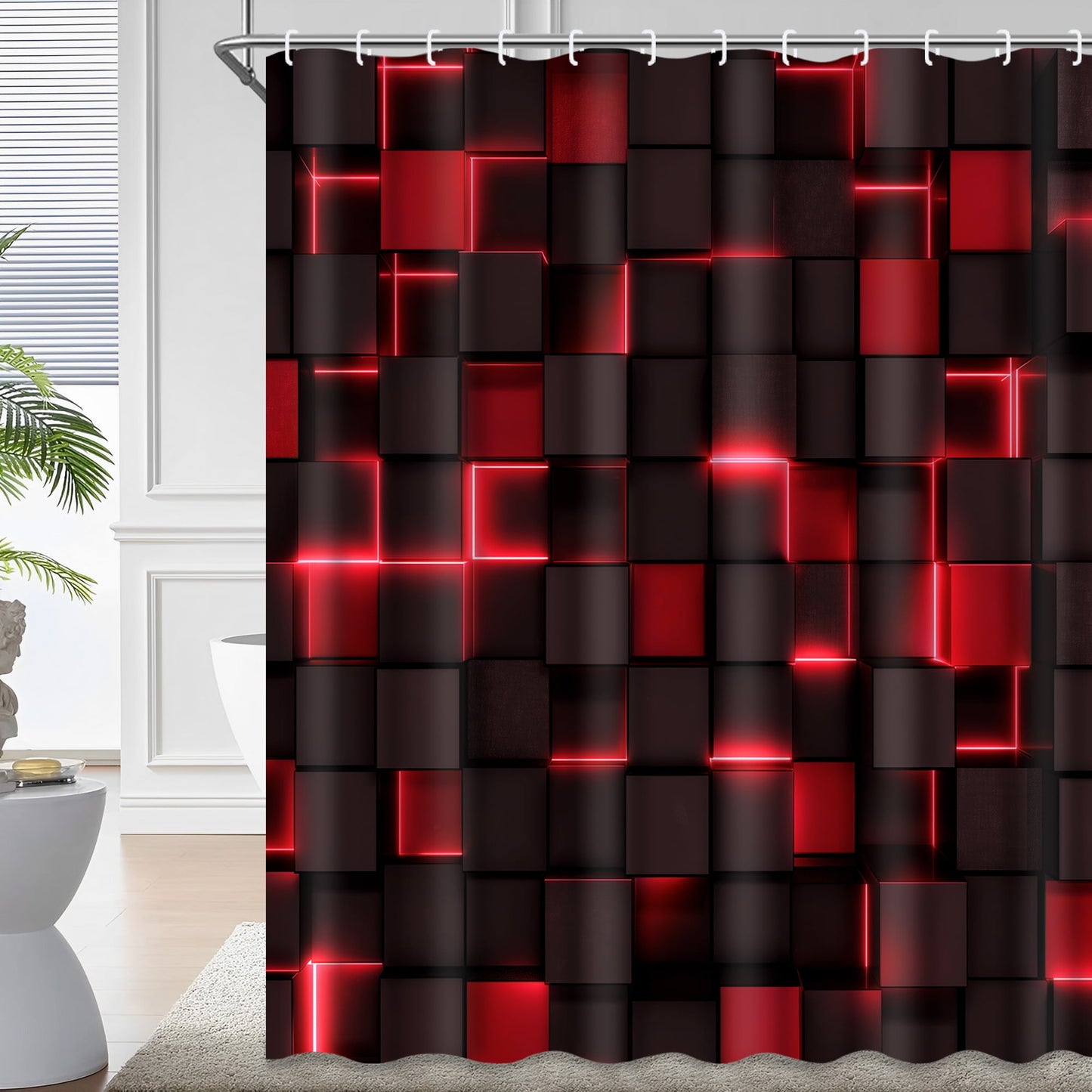 Ikfashoni Red Shower Curtain with Hooks,13pc 3D Cube Waterproof Fabric Bath Curtain, 72"X72"