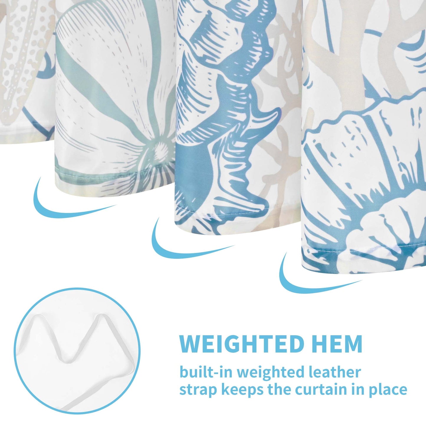 Ikfashoni Seashell Shower Curtain with Hooks,13pc Waterproof Fabric Bathroom Curtain, 72"X72"