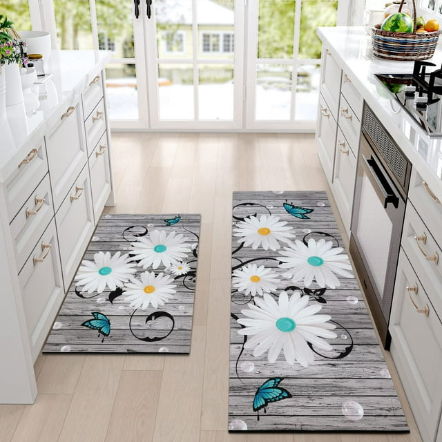 Waipfaru White Daisy Kitchen Rugs Set of Waipfaru 2 Floral Runner Kitchen Rugs and Mats Anti Fatigue Kitchen Floor Mat, 17" x 48" + 17" x 30"