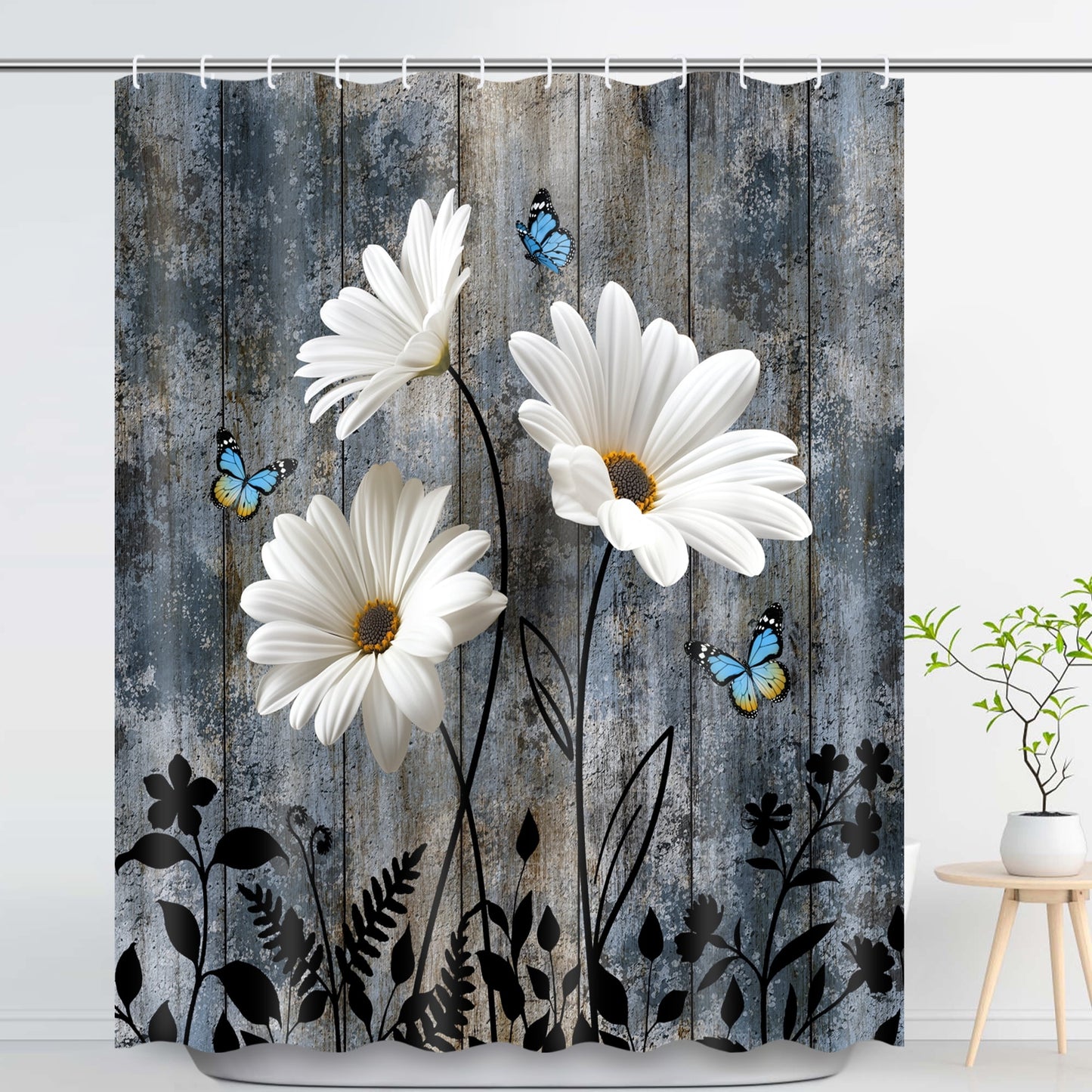 Ikfashoni White Daisy Shower Curtain with Hooks,13pc Rustic Waterproof Fabric Bathroom Curtain, 72"X72"